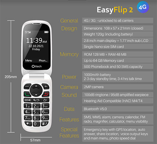 Olitech EasyFlip 2 4G Unlocked Mobile Phones Seniors 16GB MicroSD